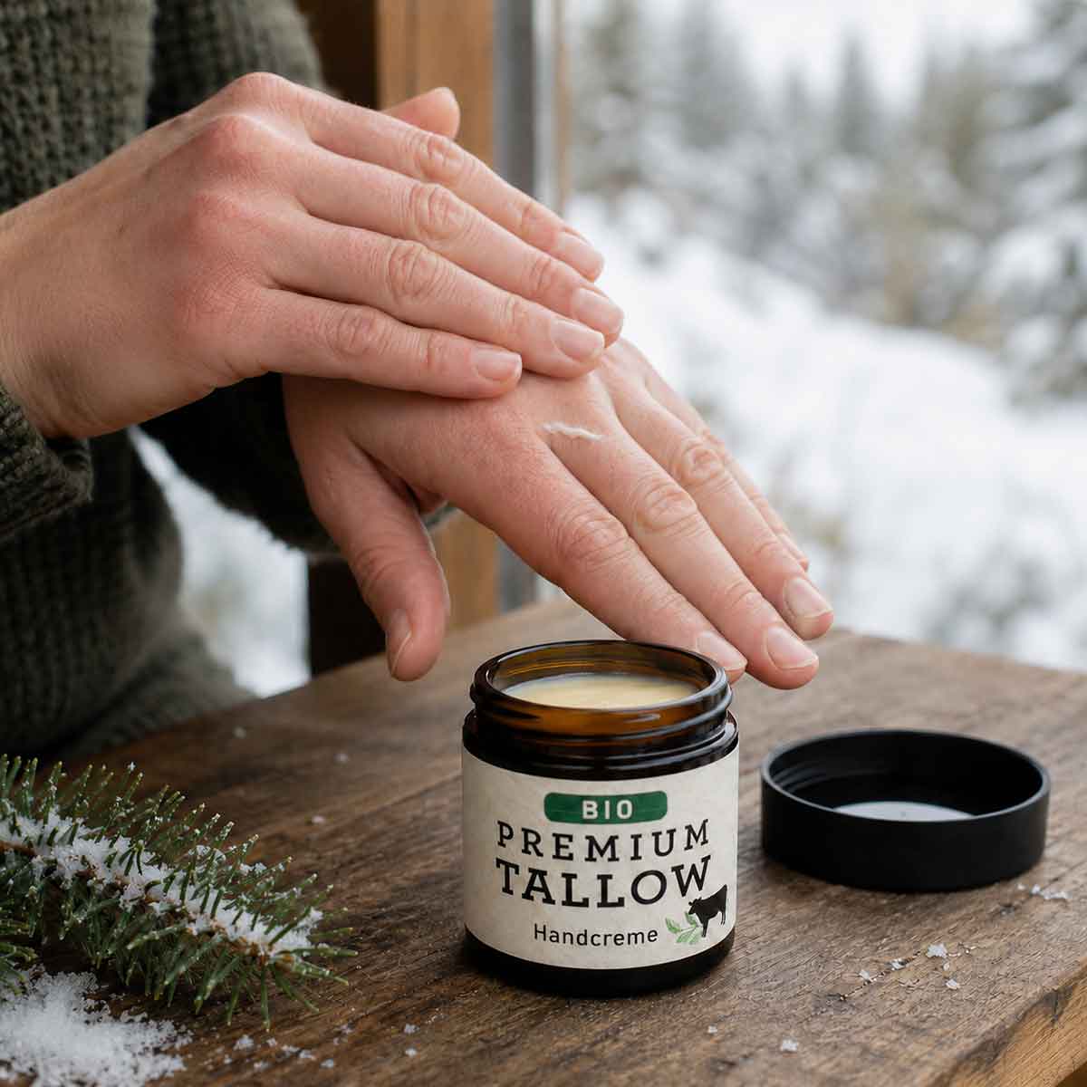 Bio Premium Tallow Handcreme wird im Winter auf die Hände aufgetragen